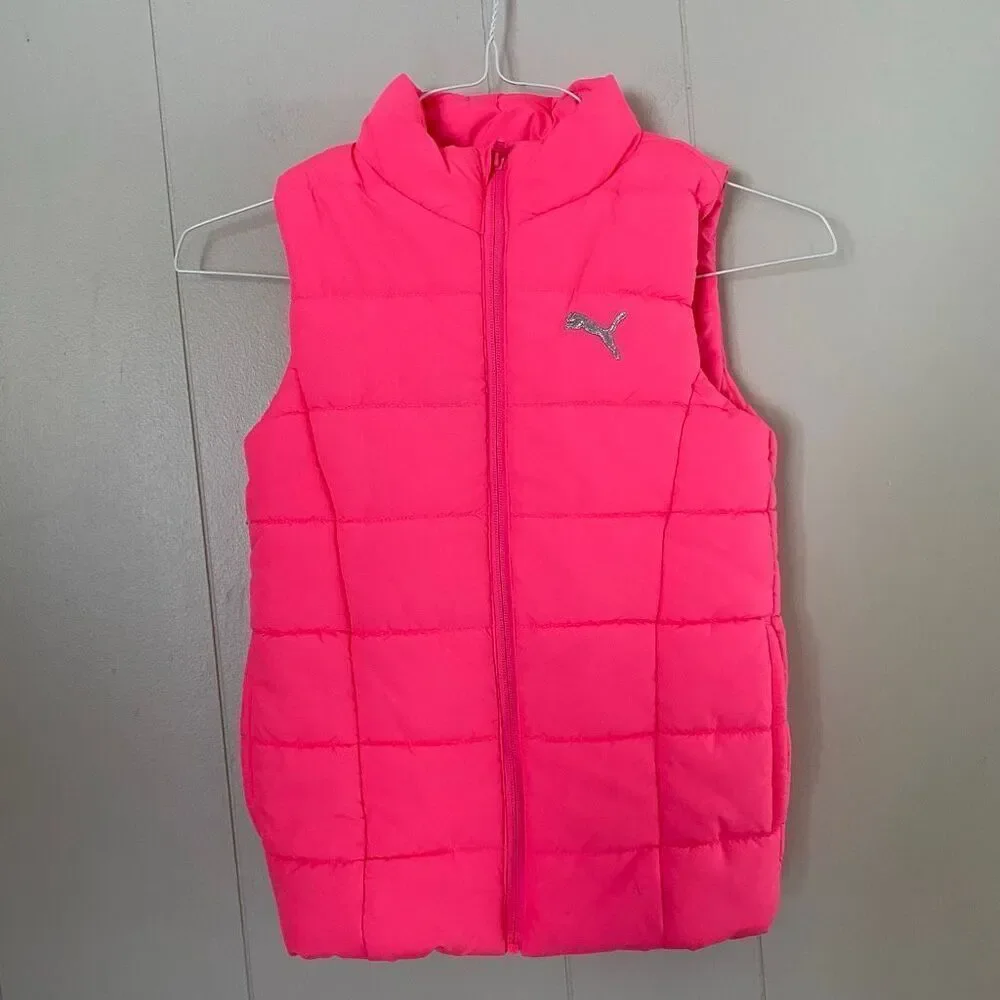 Puma Girls Pink Puffer Vest Size S 7/8 Quilted Zip Up Winter Outerwear
